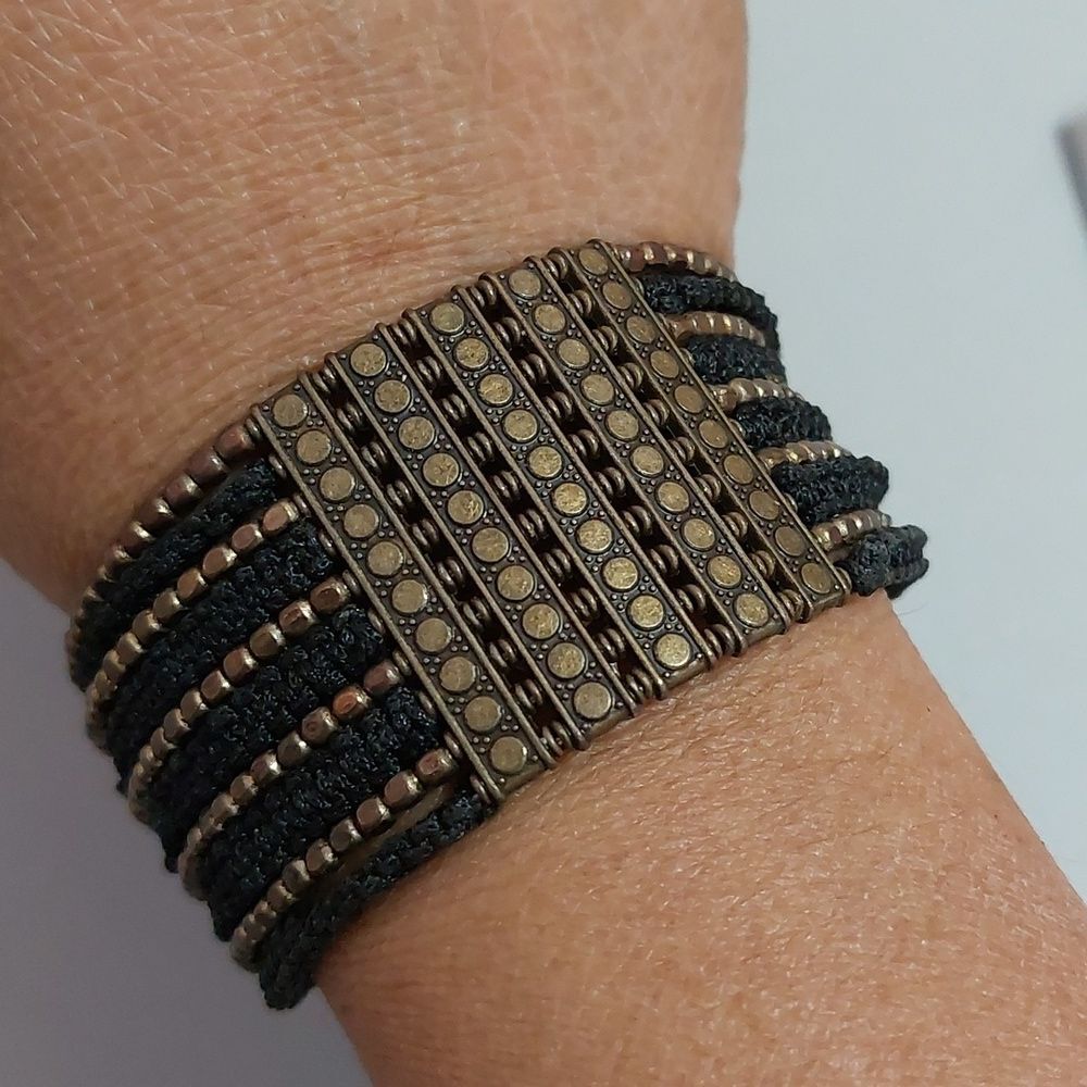 Boho Black Brass Tone Beaded Wide Cuff Bracelet